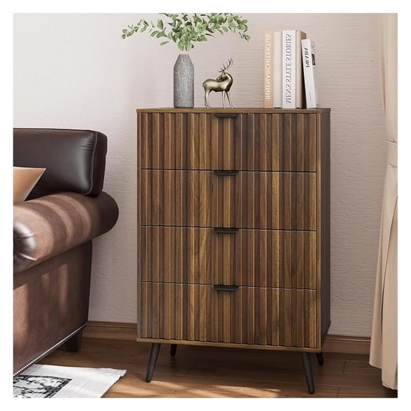4 Drawer Dresser for Bedroom, Tall Fluted Dresser with Metal Feet, Wooden Storage Organizer Cabinet Chest of Drawer for Closet, Living Room, Hallway,Walnut