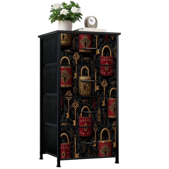 4-Drawer Dresser for Bedroom Vintage Key Aesthetic Gothic Antique Brass Lock Red Antique Metal Small Tall Clothes Dresser for Closet Organizers with Chest of Drawers Fabric Storage Bins Dressers
