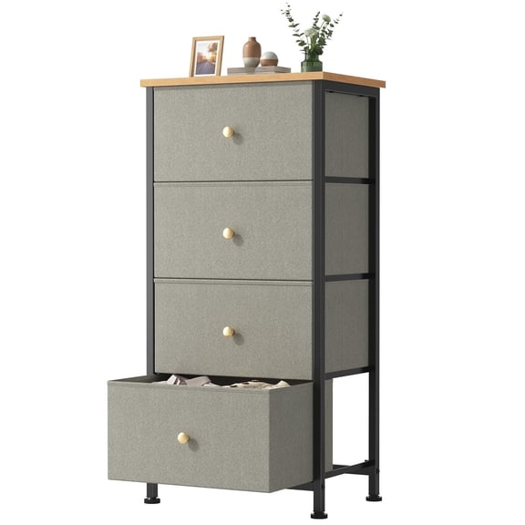 4 Drawer Dresser Fabric Storage Tower with Wood Top,Sturdy steel frame, fabric drawers, easy-pull handles. Small space-saving organizer for bedroom, closet, entryway.