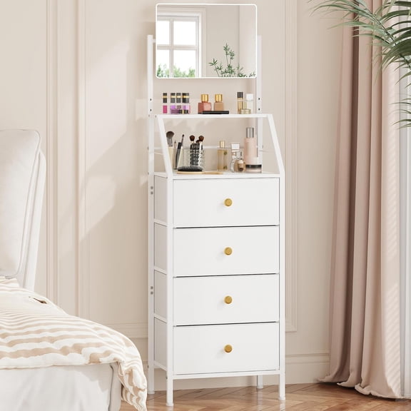 4-Drawer Dresser with Mirror, Vanity with 2-Tier Shelves, Fabric Chest of Drawers for Small Space, Vertical Storage Cabinet for Bedroom, Nightstand Bedside Table Furniture, White, 15.3" W