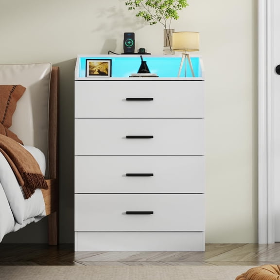 4-Drawer Dresser with Power Outlet, Chest of Drawers with LED Light, White Dresser Organizer with Open Storage Cubby, Modern Nightstand for Bedroom, Living Room, Entryway, Hallway STIKELY