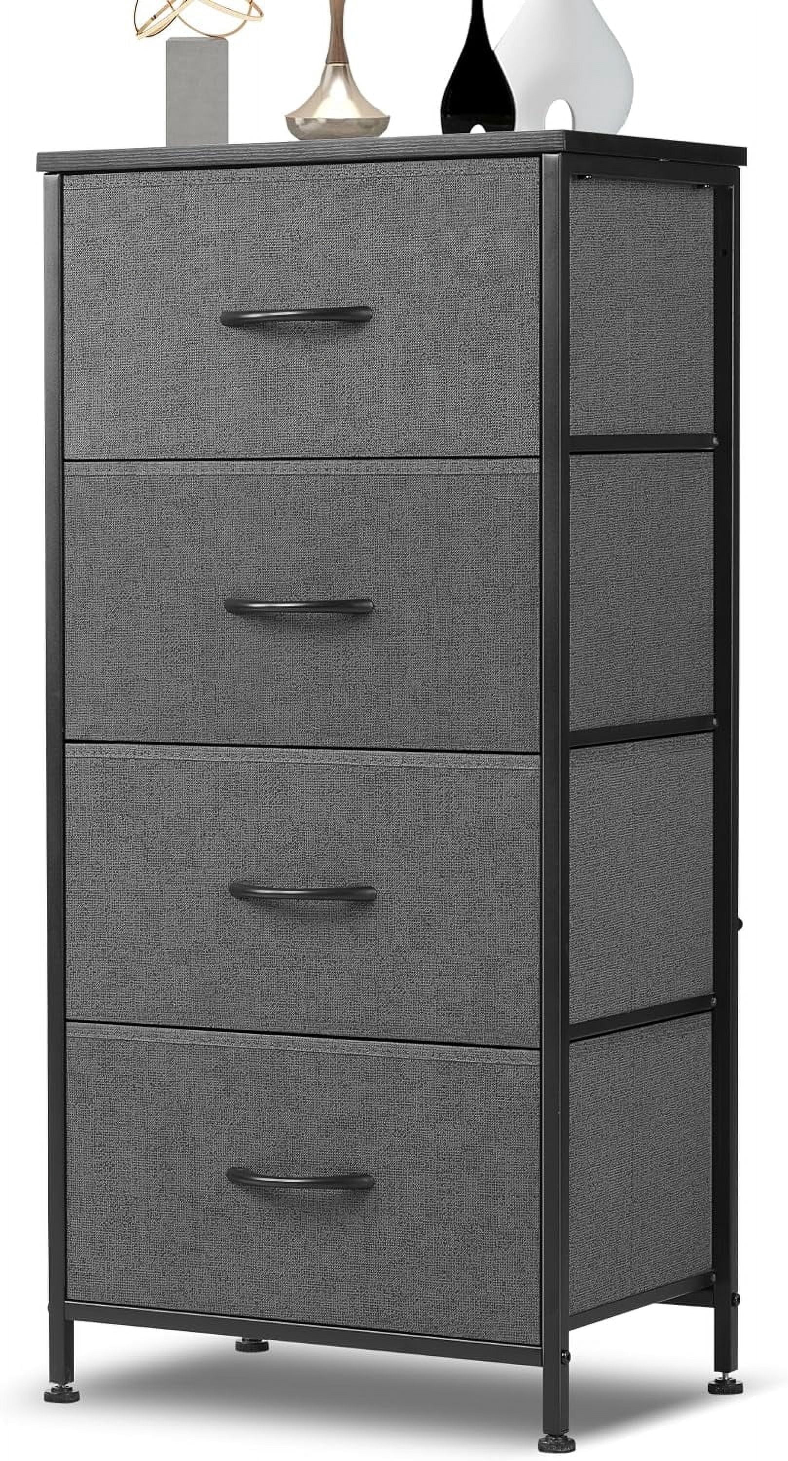 4 Drawer Dresser, Tall Chest Of Drawers Nightstand Storage Tower Storage Dresser Fabric Dresser With Wood Top for Living Room, Bedroom, Hallway,Grey