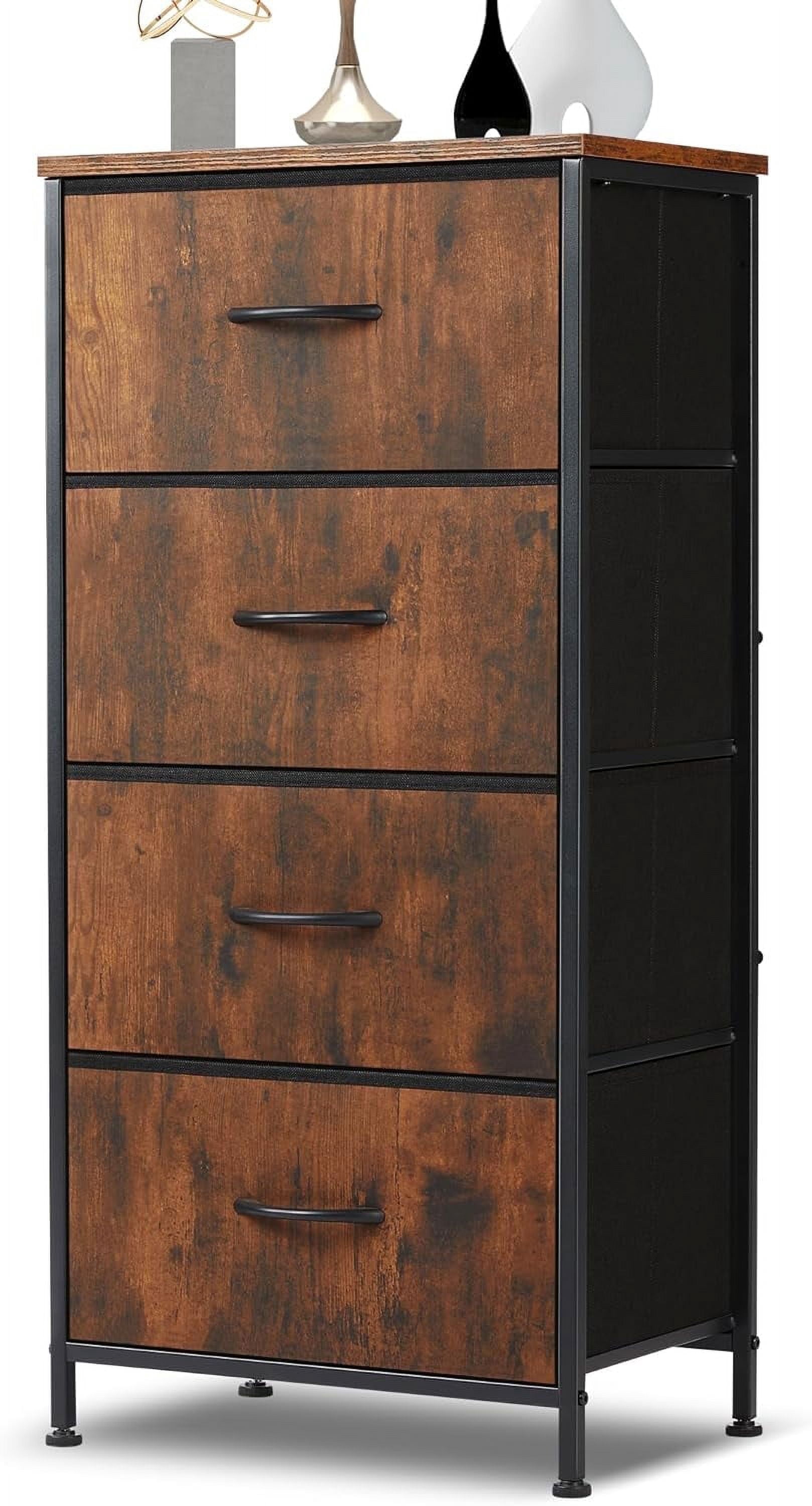 4 Drawer Dresser, Tall Chest Of Drawers Nightstand Storage Tower Storage Dresser Fabric Dresser With Wood Top for Living Room, Bedroom, Hallway,Rust