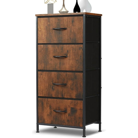 4 Drawer Dresser, Tall Chest Of Drawers Nightstand Storage Tower Storage Dresser Fabric Dresser With Wood Top for Living Room, Bedroom, Hallway,Rust