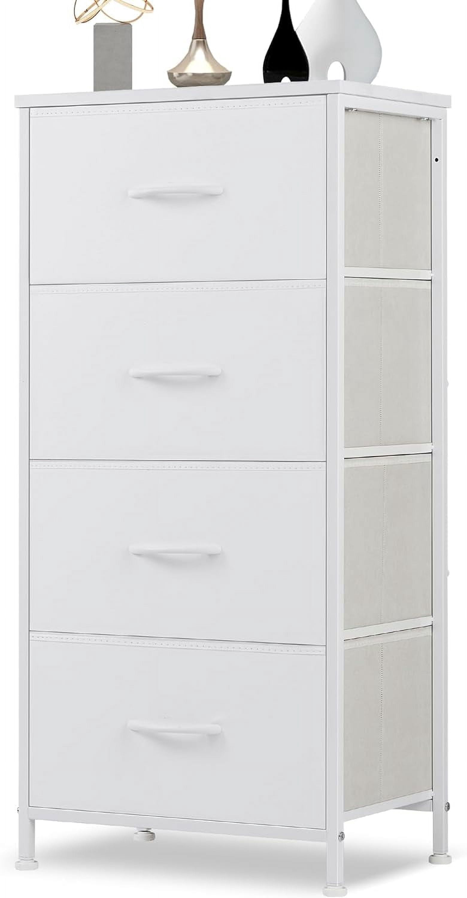 4 Drawer Dresser, Tall Chest Of Drawers Nightstand Storage Tower Storage Dresser Fabric Dresser With Wood Top for Living Room, Bedroom, Hallway, White