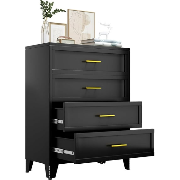 4 Drawer Dresser, Tall Metal Dresser for Bedroom, Black Bedroom Dressers with Drawers, Dressers & Chest of Drawers, Storage Cabinet for Living Room, Hallway, Entryway, Home Office (Black)