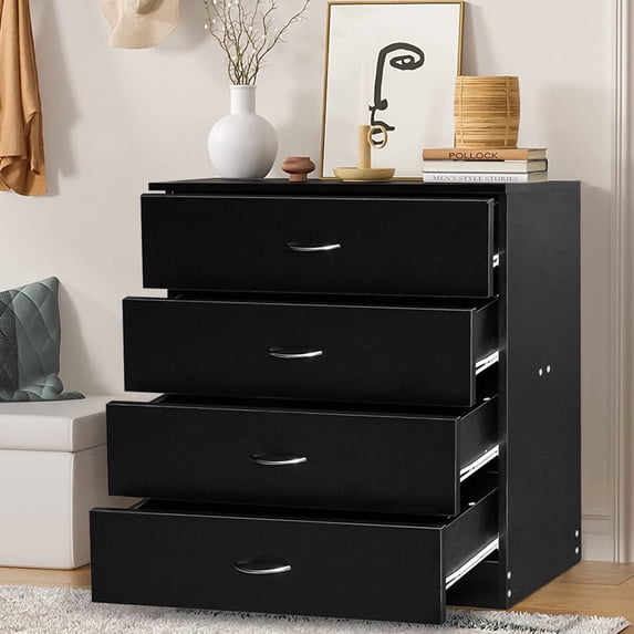 4 Drawer Dresser, UHOMEPRO Modern Chest of Drawers for Bedroom, Night Stand Wood Storage Cabinet Dresser Organizer Unit with Handle for Living Room, Closet, Hallway, Small Space, Black