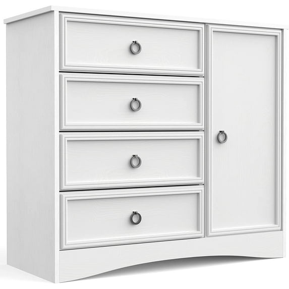 White Dresser with 4 Drawers & Door Cabinet, Chest of Drawers Dressers for Bedroom with Shelves