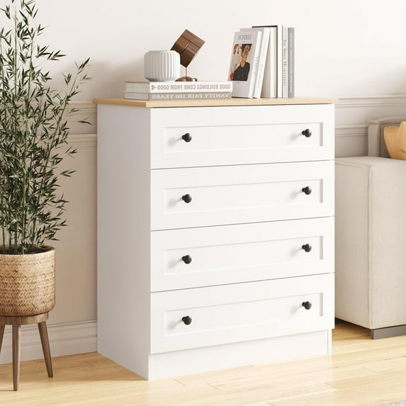 Modern 4 Drawer Dresser, White Dresser Storage Chest of Drawers, Farmhouse Storage Cabinet Organizer with 4 Drawers for Living Room, Entryway, Hallway, White