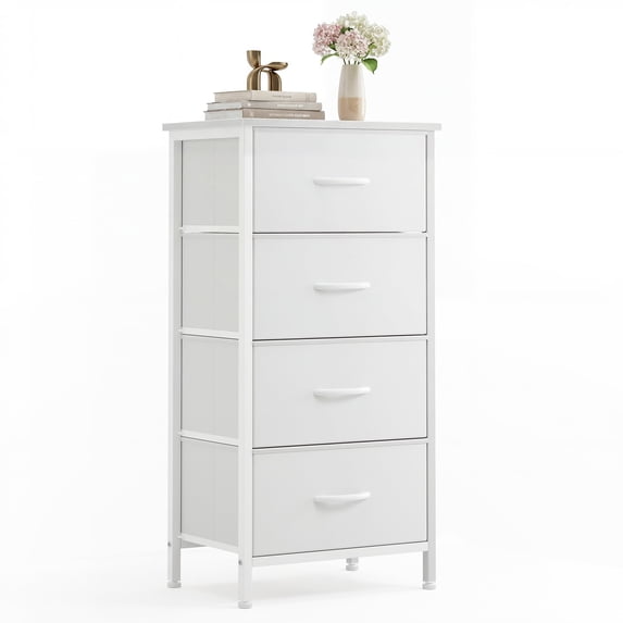 CONCETTA 4 Drawer Dresser, Wide Chest Drawers Nightstand Storage Tower Storage Fabric Dresser With Wood Top for Living Room, Bedroom, Closet, White