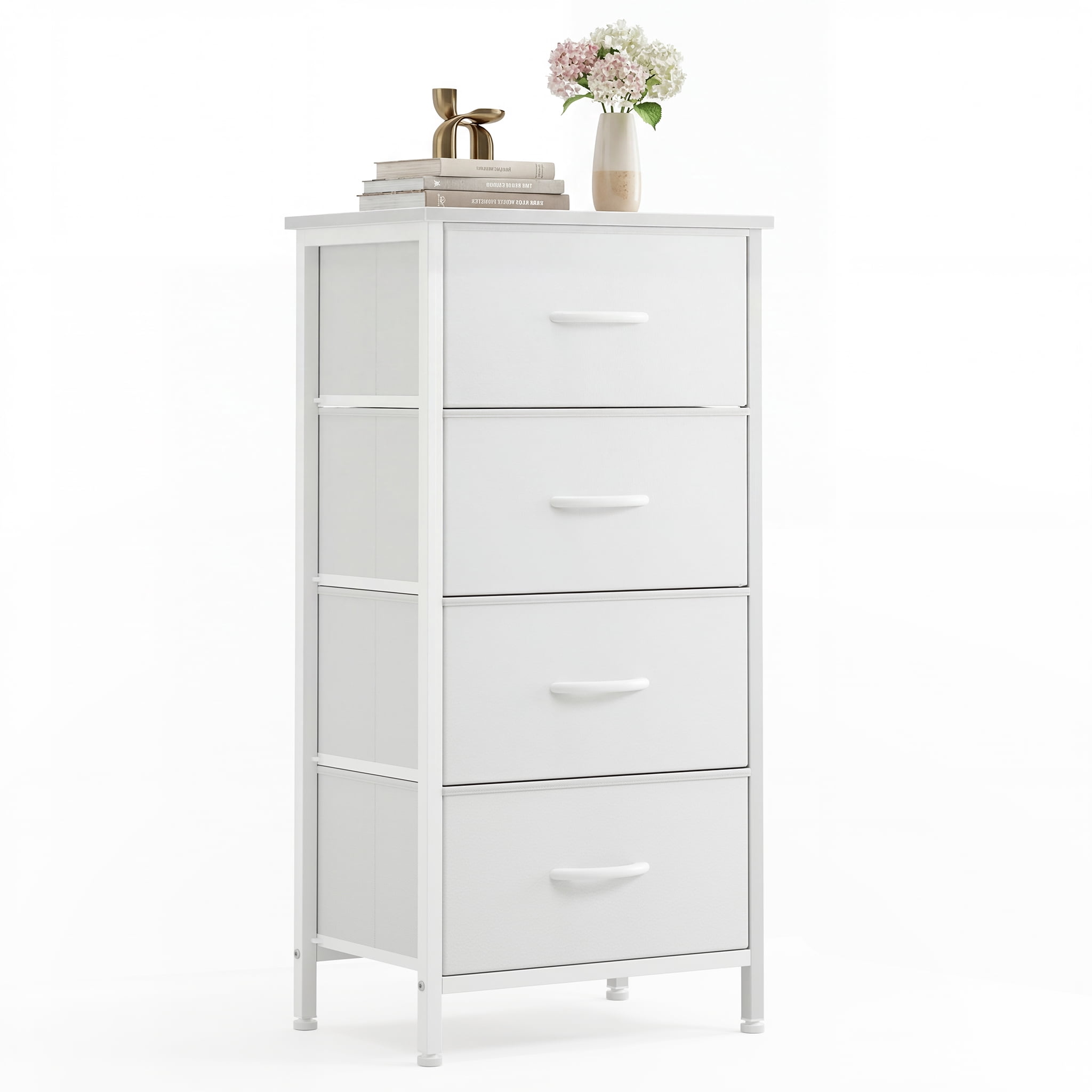 CONCETTA 4 Drawer Dresser, Wide Chest Drawers Nightstand Storage Tower Storage Fabric Dresser With Wood Top for Living Room, Bedroom, Closet, White