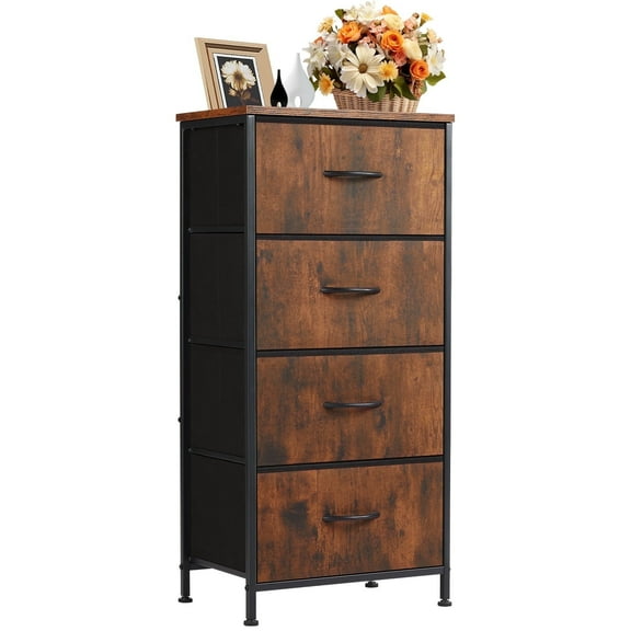 CONCETTA 4 Drawer Dresser, Wide Chest Drawers Nightstand Storage Tower Storage Fabric Dresser With Wood Top for Living Room, Bedroom, Closet, Brown