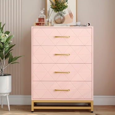 4 Drawer Dresser, Wooden Chest of Drawers, Modern Storage Tower with Metal Handles and Legs, Storage Organizer Unit with Anti-Tipping Device for Bedroom, Living Room, Hallway, White