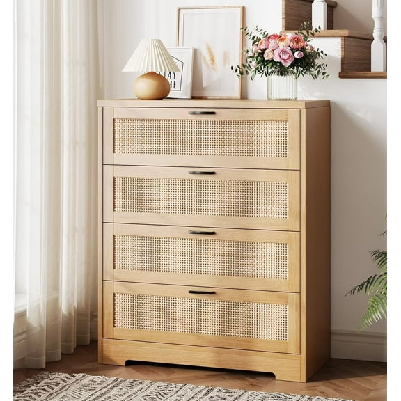 4 Drawer Dresser for Bedroom, Rattan Modern Closet Dressers Chest of Drawers, Wood Dresser for Closet, Living Room, Hallway