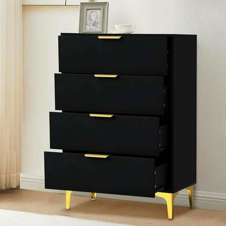 4 Drawer Dressers for Bedroom, Wood Dresser with Golden Handles, Storage Chest Cabinet Organizer Unit, Chest of Drawers for Living Room, Closet, Hallway (Black)