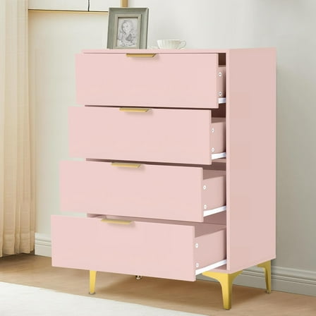 4 Drawer Dressers for Bedroom, Wood Dresser with Golden Handles, Storage Chest Cabinet Organizer Unit, Chest of Drawers for Living Room, Closet, Hallway, Pink