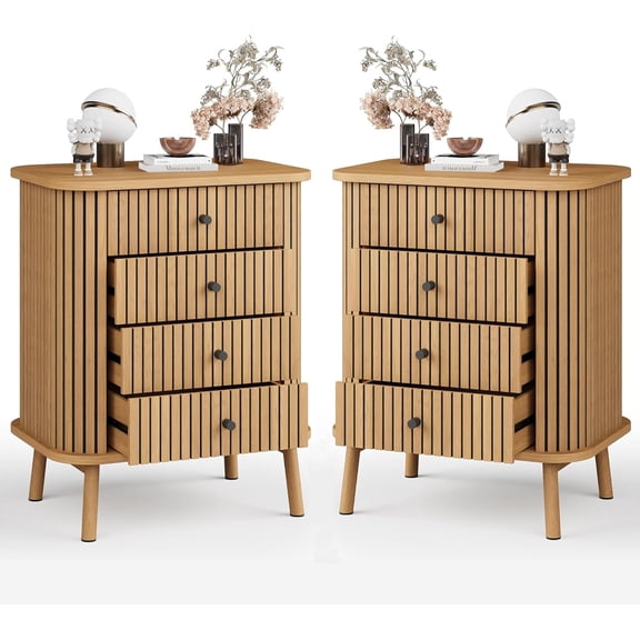 4 Drawer Dressers Set of 2, Chest of Drawers for Bedroom, Nightstand, Spacious Storage Boho Wicker Dresser with Matte Black Handles and Wood Legs for Living Room Hallway, Natural