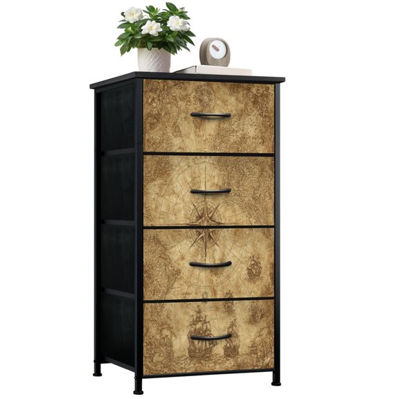 4-Drawer Fabric Dresser with Steel Frame, Antique Nautical Map Ships Compass Rose Adventure Storage Chest of Drawers Closet Organizer for Bedroom Living Room Dorm Entryway