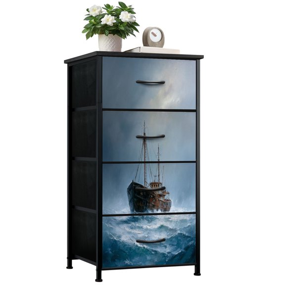 4-Drawer Fabric Dresser with Steel Frame, Rustic Fishing Boat painting Navigating Rough Seas marine stormy Storage Chest of Drawers Closet Organizer for Bedroom Living Room Dorm Entryway