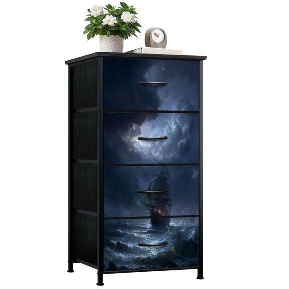 4-Drawer Fabric Dresser with Steel Frame, Stormy Ocean painting Tall Ship Under Dramatic Clouds Storage Chest of Drawers Closet Organizer for Bedroom Living Room Dorm Entryway