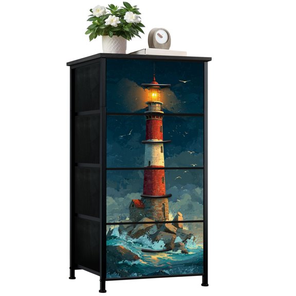 4-Drawer Fabric Dresser with Steel Frame, Vibrant Lighthouse Rocky Shore Waves Sky painting teal Storage Chest of Drawers Closet Organizer for Bedroom Living Room Dorm Entryway