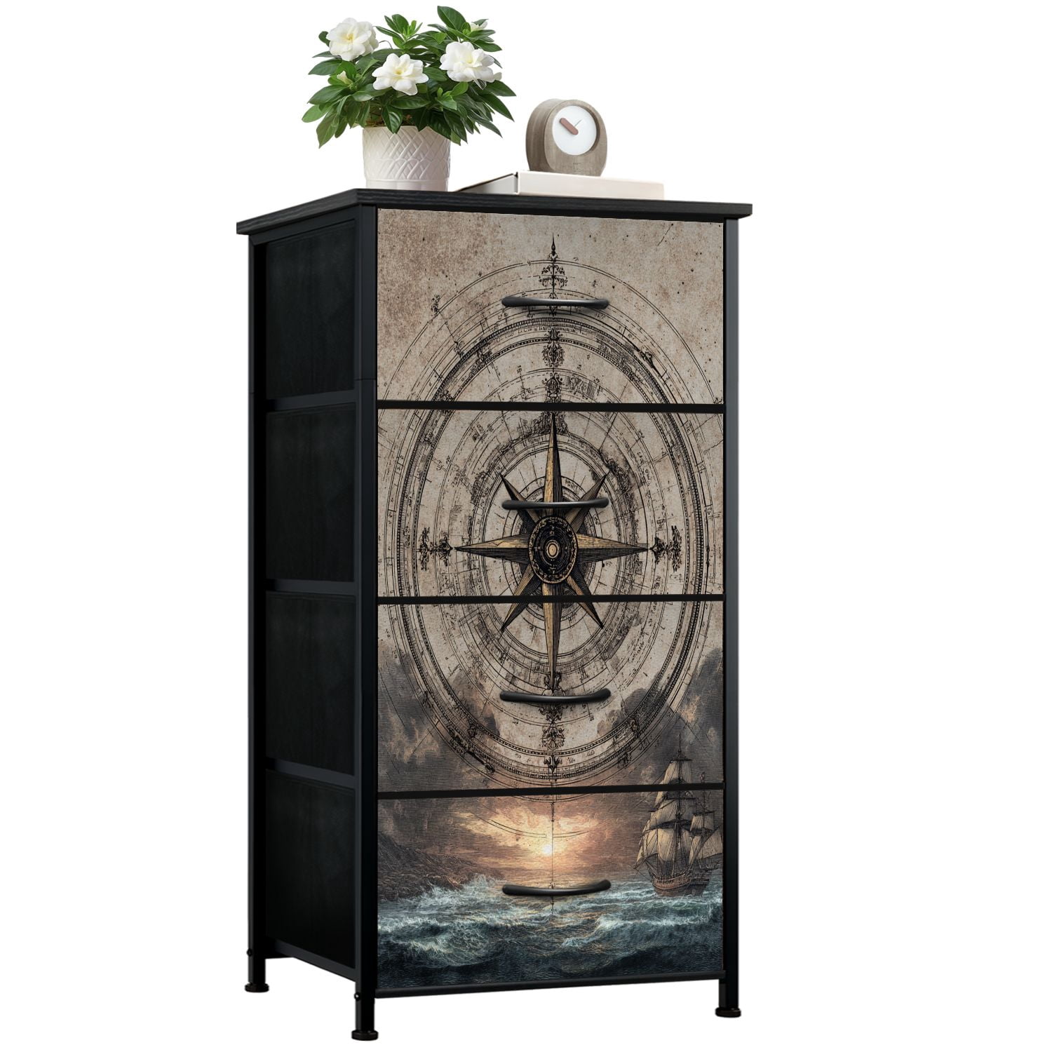 4-Drawer Fabric Dresser with Steel Frame, Vintage Nautical Compass ...