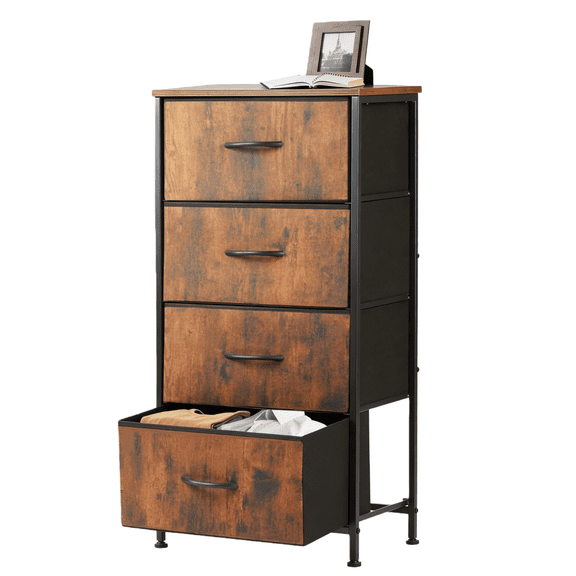 4 Drawer Fabric Nightstand Bedside Table, Wooden Top Steel Frame Dresser, Removable Bin Organizer for Bedroom, Closet, Living Room, Entryway, Dorm, Brown