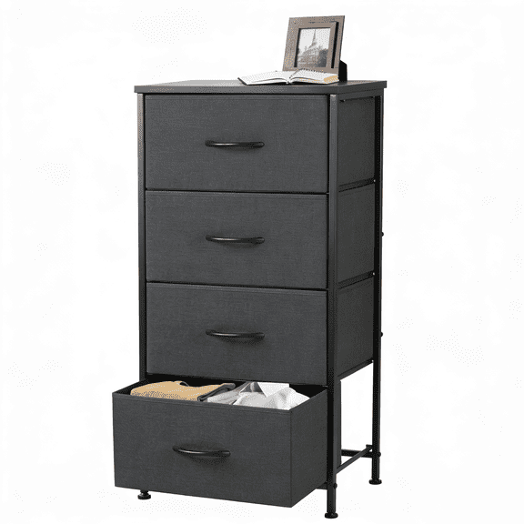 4 Drawer Fabric Nightstand Bedside Table, Wooden Top Steel Frame Dresser, Removable Bin Organizer for Bedroom, Closet, Living Room, Entryway, Dorm, Gray