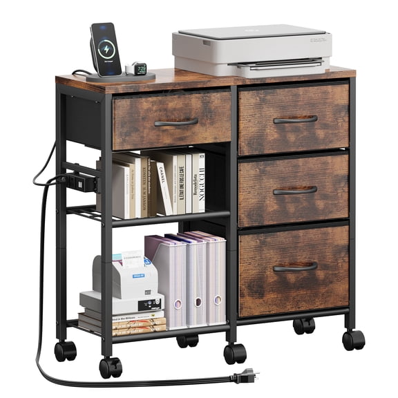 4 Drawer File Cabinet with Charging Station, Rolling Printer Stand Table with Open Storage Shelf, Mobile Fabric Filing Cabinet for Home Office, Rustic Brown