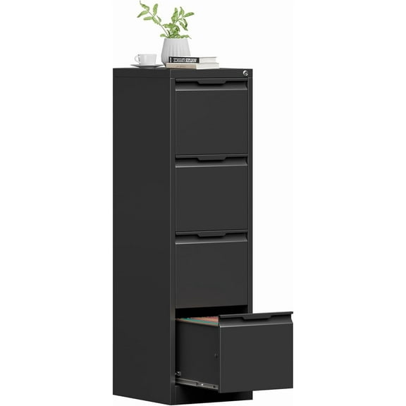 4 Drawer File Cabinet with Lock, 17.8'' Deep Filing Cabinets for Home Office, Black Locking Vertical File Cabinets for Letter/Legal/A4/F4 Size, Assemble Required