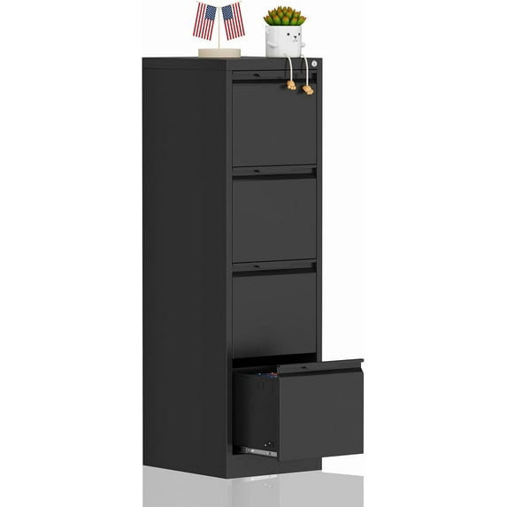 4-Drawer File Cabinet with Lock,Metal Vertical Filing Cabinets for Home Office,Under Desk File Cabinets for Letter/Legal/A4 Size Files,Easy Assemble,Black