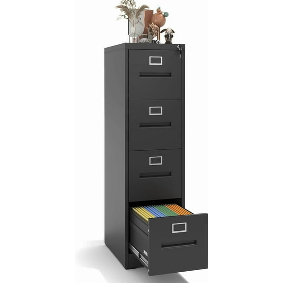 4 Drawer File Cabinet with Lock, Metal Vertical Filing Storage Cabinet for Home Office, Steel Vertical File Cabinets for A4 Legal/Letter Folders,Silent Sliding Drawers, Assembly Required (Black)