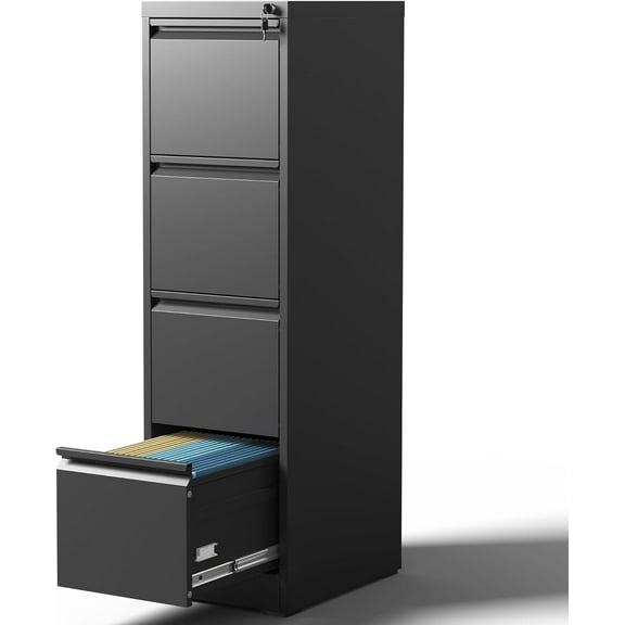 4 Drawer File Cabinet with Lock, Steel Vertical Filing Cabinets for Home Office, Metal Storage Cabinet for Hanging Legal/Letter Size Files, Assembly Required (Black)