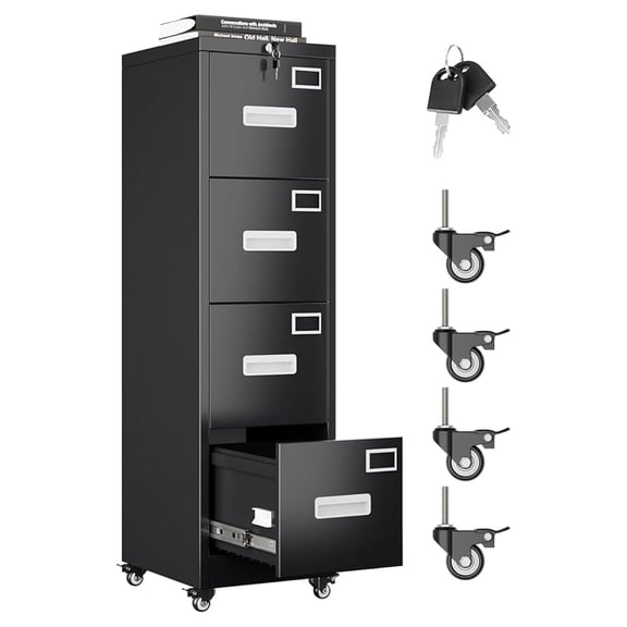 4 Drawer File Cabinet with Lock and Wheels, Metal Vertical Filing Cabinet with Anti-Tilt Interlock System for Home Office, Fits Letter/Legal Size, Black,Required Assembly