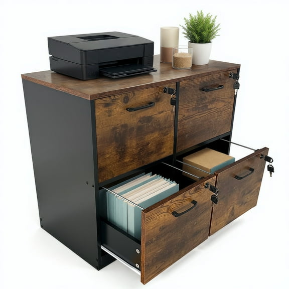 4 Drawer File Cabinet with Lock, Wooden Locked File Cabinets Printer Stand for Home Office, Lockable Filing Cabinet for Letter/A4 Size Files, Rustic Brown and Black