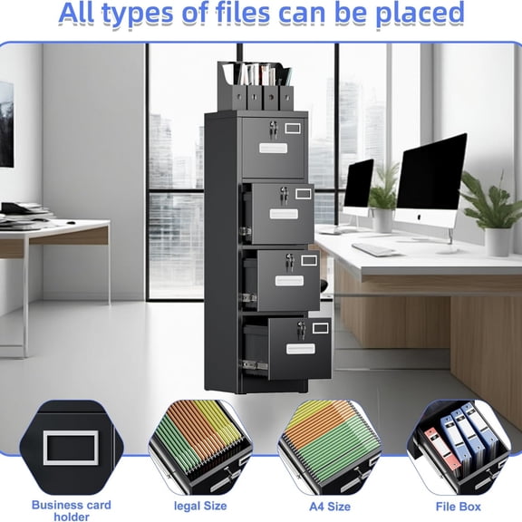 4 Drawer File Cabinet, Metal Vertical Black Filing Cabinets with Locks Name Card Holder for Home Office, Assembly Required