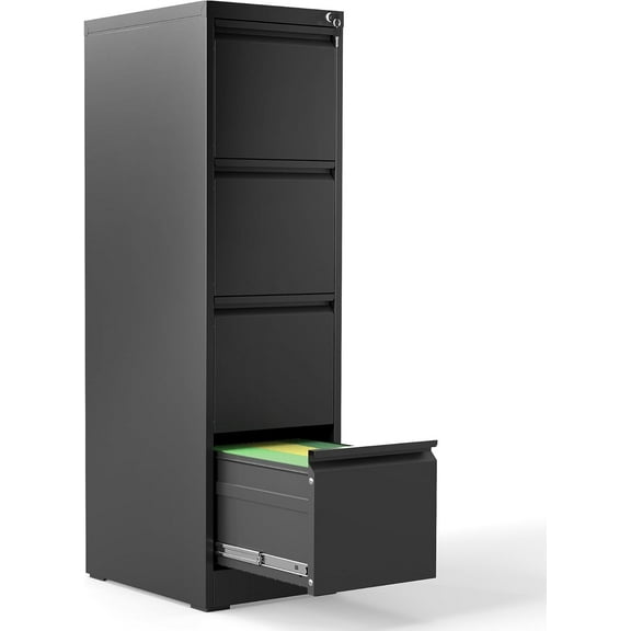 4 Drawer File Cabinet, Vertical File Cabinets with Lock for Home Office,Heavy Duty Office Steel Filing Cabinet for Hanging Letters/Legal/A4, Assembly Required (Black)