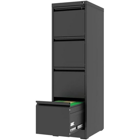 4 Drawer File Cabinet, Vertical File Cabinets with Lock for Home Office,Heavy Duty Office Steel Filing Cabinet for Hanging Letters/Legal/A4, Assembly Required (Black)