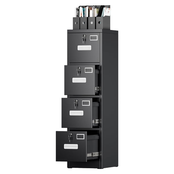 4 Drawer File Cabinet with Lock & Name Card Slots, Metal Vertical Filing Cabinet for Letter/Legal/A4, Black, Assembly Required