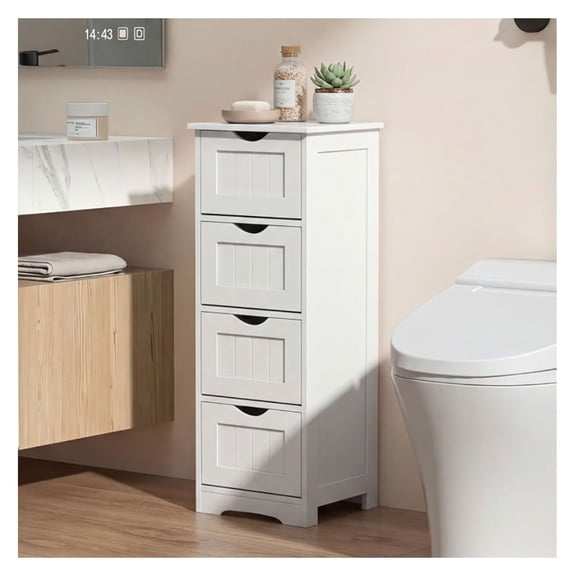 4-Drawer Floor Cabinet, White/Black MDF Storage Organizer