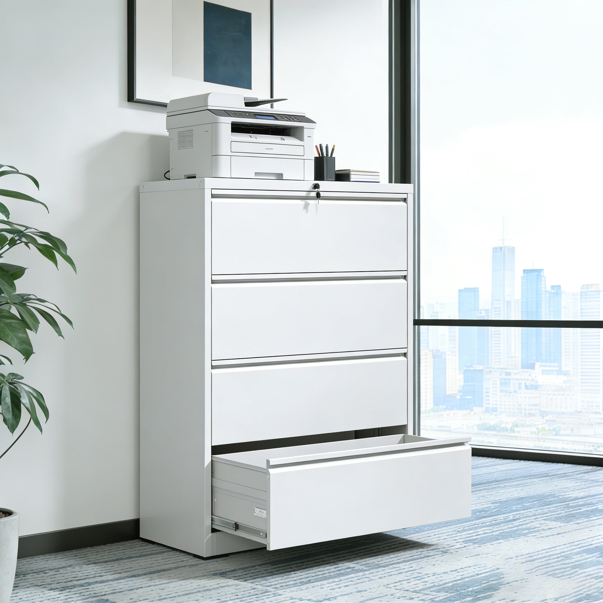 4 Drawer Lateral File Cabinet, Heavy Duty Metal Filing Cabinet, 35.4" Wide Locking File Cabinet for Home Office, Space-Saving Vertical Storage with Anti-Tip Interlock, for Letter/Legal/A4 Files