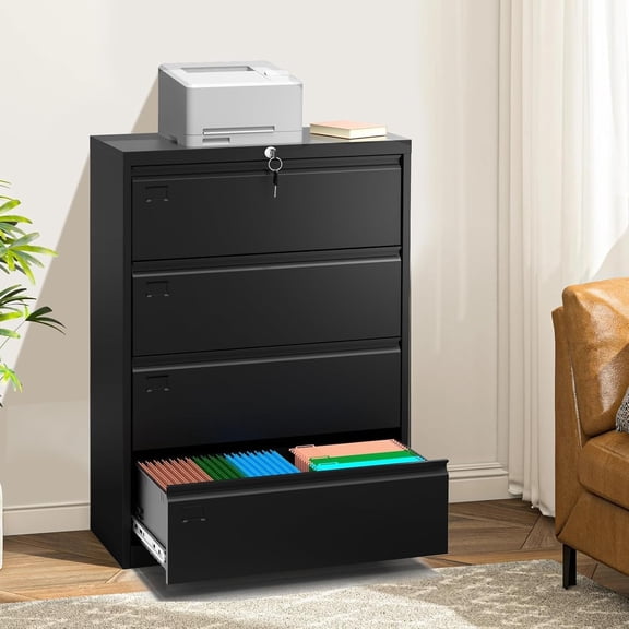 4 Drawer Lateral File Cabinet with Lock, 52"H Metal Filing Cabinet for Home Office & Business Use for Letter, Legal, A4, F4 Files, 320 LB Weight Capacity,Easy to Assemble (Black, 4 Drawer)