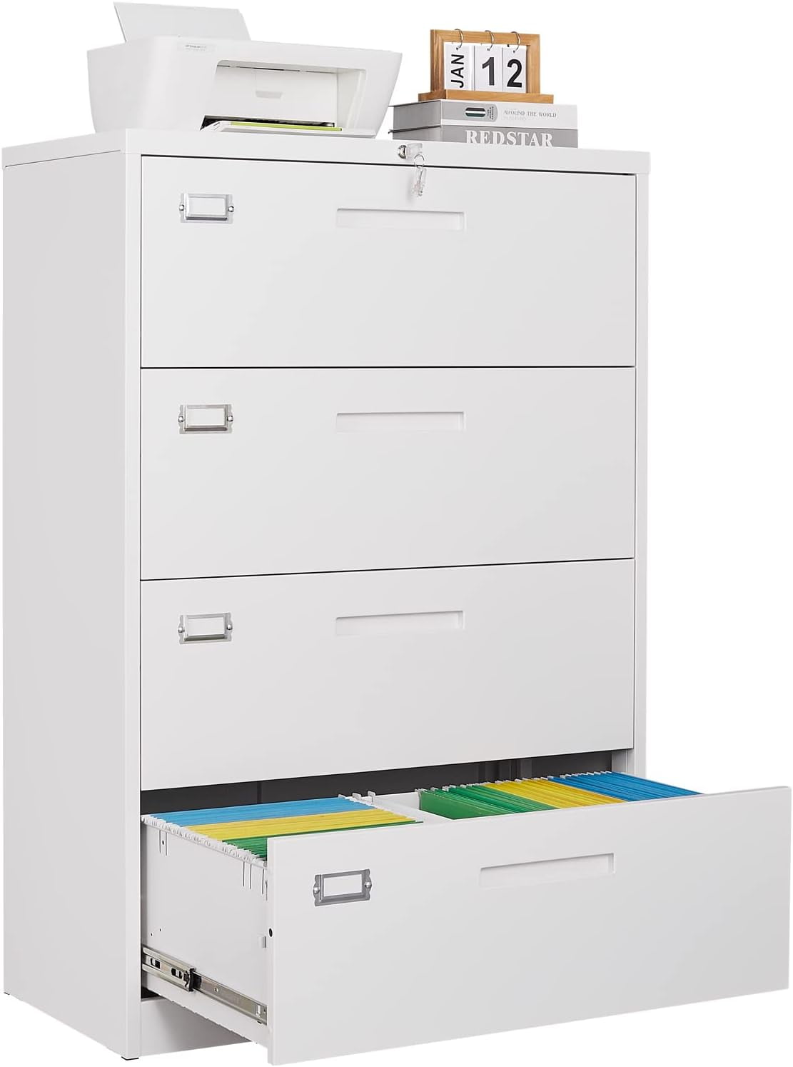 4 Drawer Lateral File with Lock,White Lateral Filing