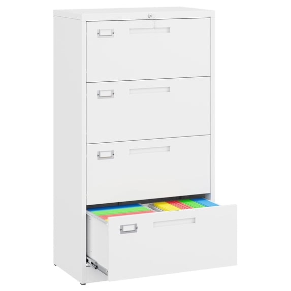 4 Drawer Lateral File Cabinet with Lock, White Metal Horizontal Filing ...