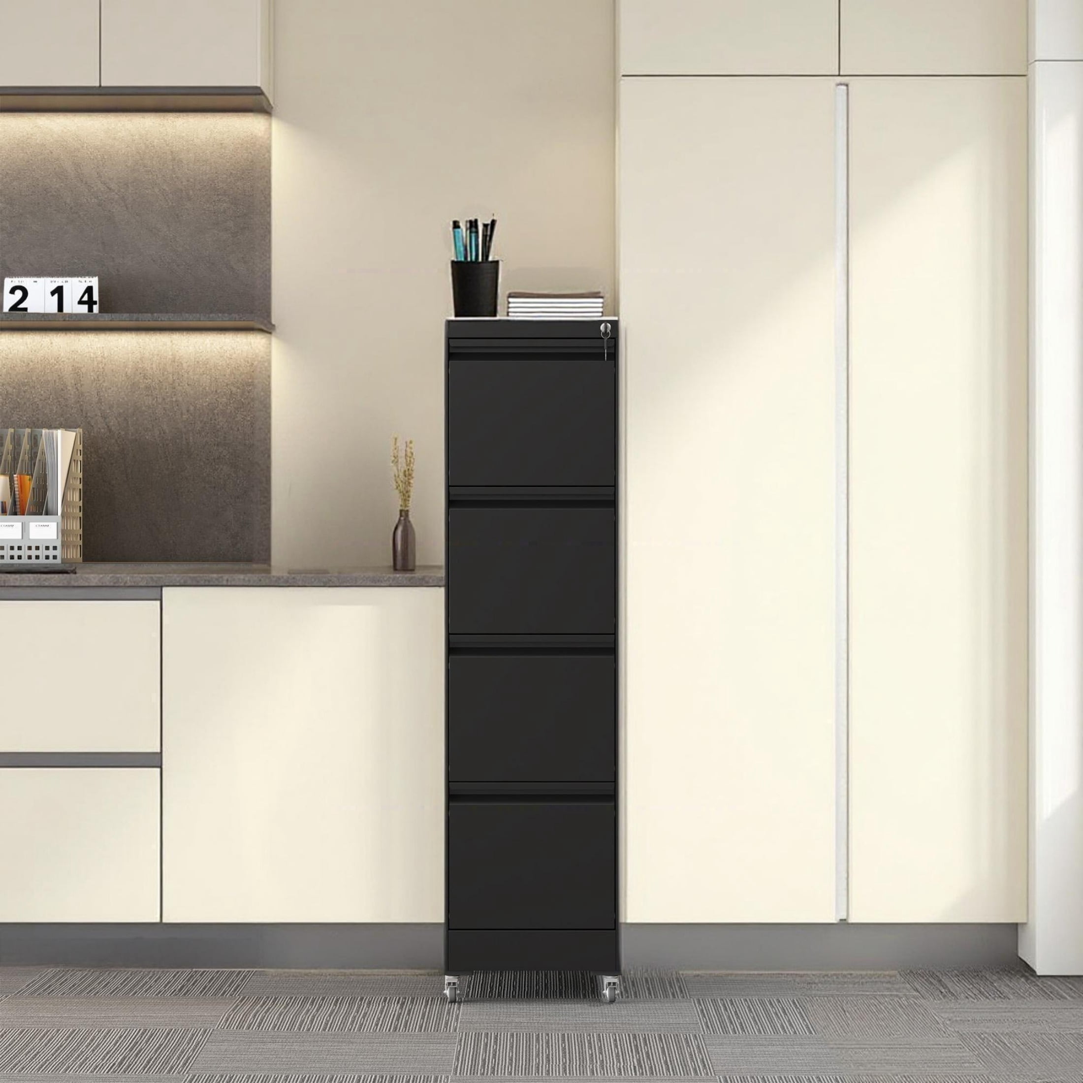 4 Drawer Letter Width Vertical File Cabinet with Lock & Wheels, Heavy Duty Metal Storage Cabinet for Home Office, Black
