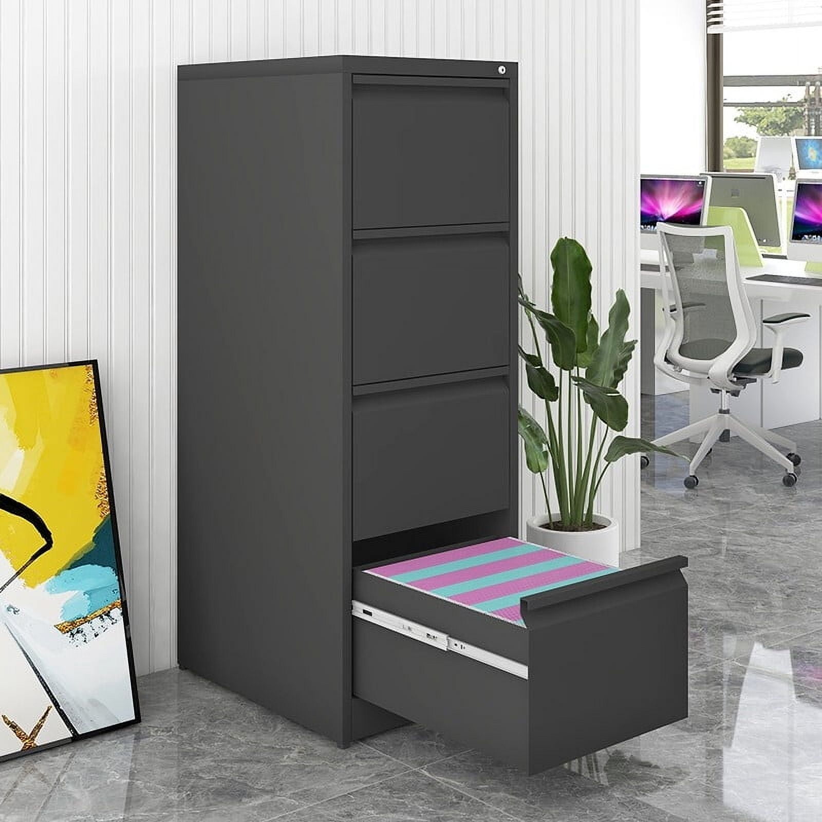 4 Drawer Lockable Vertical Metal File Cabinet, Anti-Tip Interlock Steel Storage Cabinet with Integrated Handle, Full Extension Slides, Fits Letter/A4/Legal Size Hanging Files for Home Office