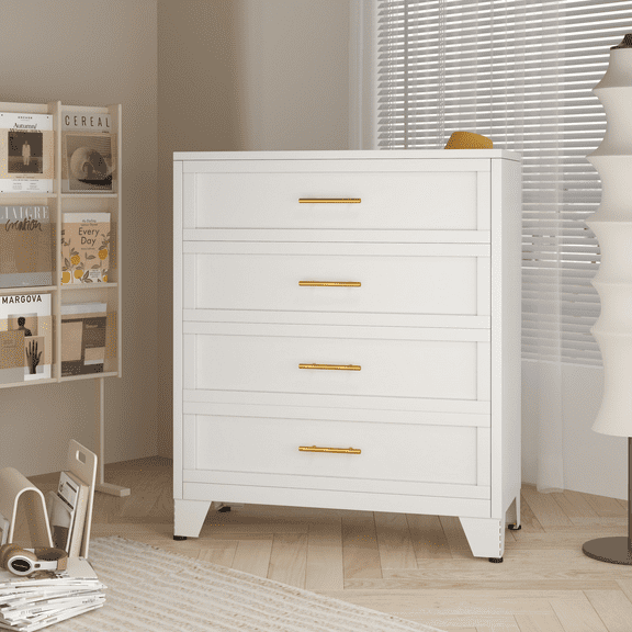 4-Drawer Metal Dresser for Bedroom, Closet Dressers Chest with Fluted Panel, Modern Storage Organizer Unit, Large Storage Space for Nursery,Bedroom,Living Room,White,15.8"D x 31.5"W x 43.11"H