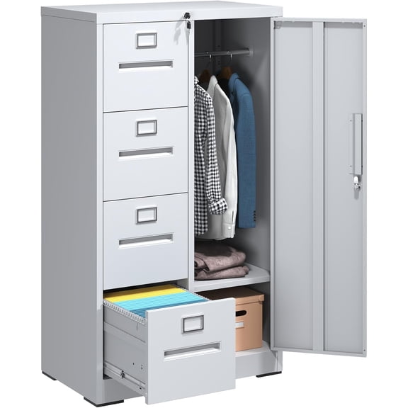 4 Drawer Metal File Cabinet with 1 Door,Steel Storage Locker Cabinets for Employees,Home Office White Filing Cabinets for Legal/Letter Size Files,Assembly Required