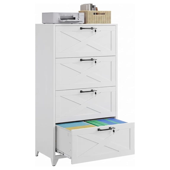 4 Drawer Metal Lateral File Cabinet with Lock and Feet, White 15.75