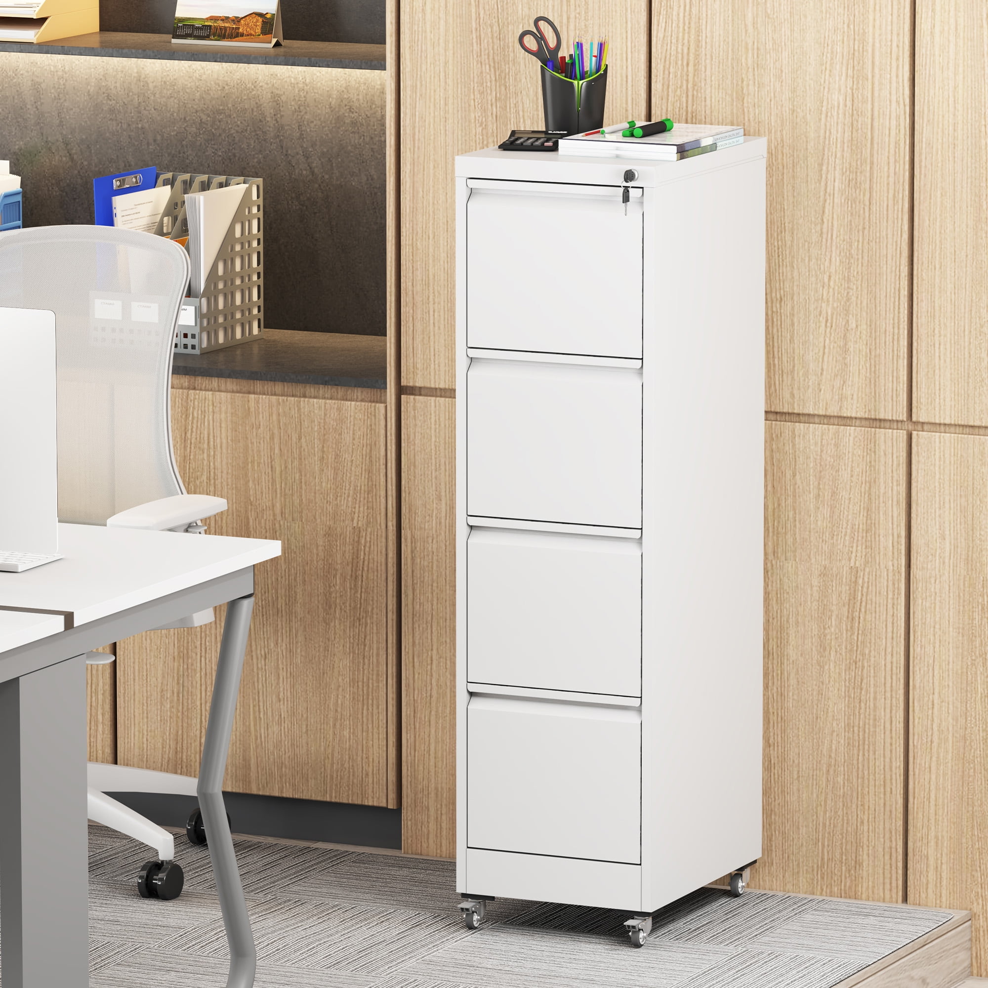 4 Drawer Metal Locking Vertical File Cabinet on Wheels, Heavy-Duty Lockable Cabinet for Home & Office, Black, 17.71"D*15.16"W*52.28"H, White